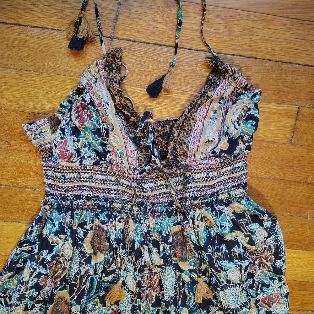 Free People Real Love Strappy Boho Brown Floral Maxi Halter Dress Small Pockets - Picture 6 of 14